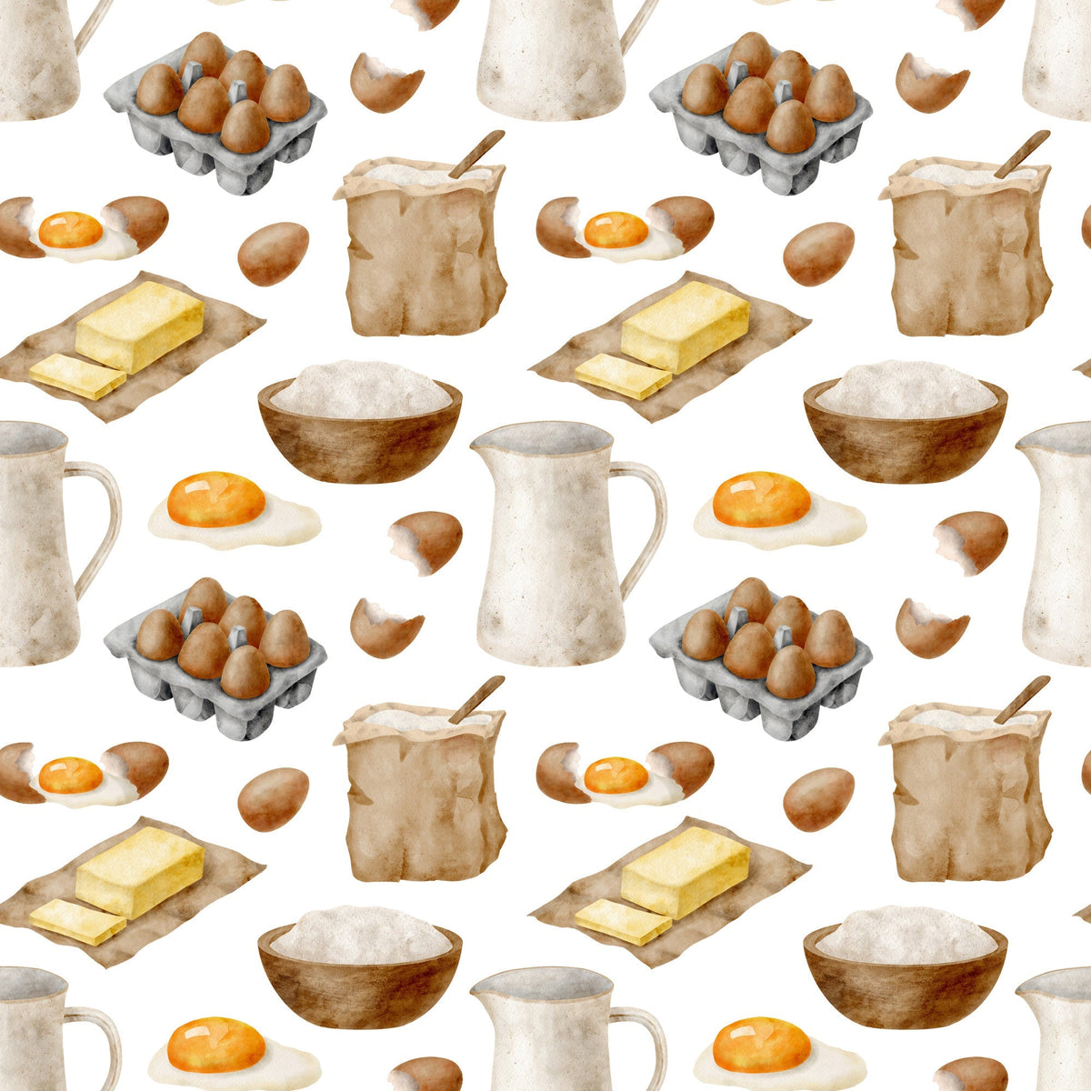 watercolor baking, kitchen ingredients, brown eggs, butter sticks, flour bowls, milk pitchers, fried eggs, egg cartons, baking supplies, cream colors, beige tones, brown hues, orange accents, cooking pattern, culinary design,, fabric panel, food illustration, kitchen theme, baking motifs