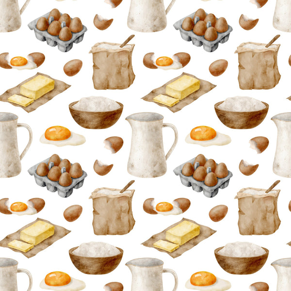 watercolor baking, kitchen ingredients, brown eggs, butter sticks, flour bowls, milk pitchers, fried eggs, egg cartons, baking supplies, cream colors, beige tones, brown hues, orange accents, cooking pattern, culinary design,, fabric panel, food illustration, kitchen theme, baking motifs