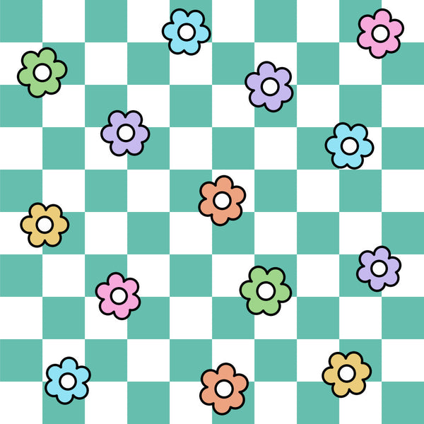 turquoise, mint green, pink, purple, yellow, orange, checkerboard, floral, flowers, daisy, whimsical, playful, colorful, kids, children, nursery, playroom, baby, spring, summer, cheerful, bright, fun, vibrant, soft, cute, sweet, retro, modern, casual