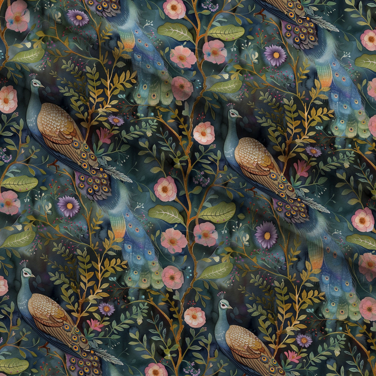Peacocks and Flowers Fleece Fabric — fleece fabric folded close-up preview (mv-fleece-v1:lying)