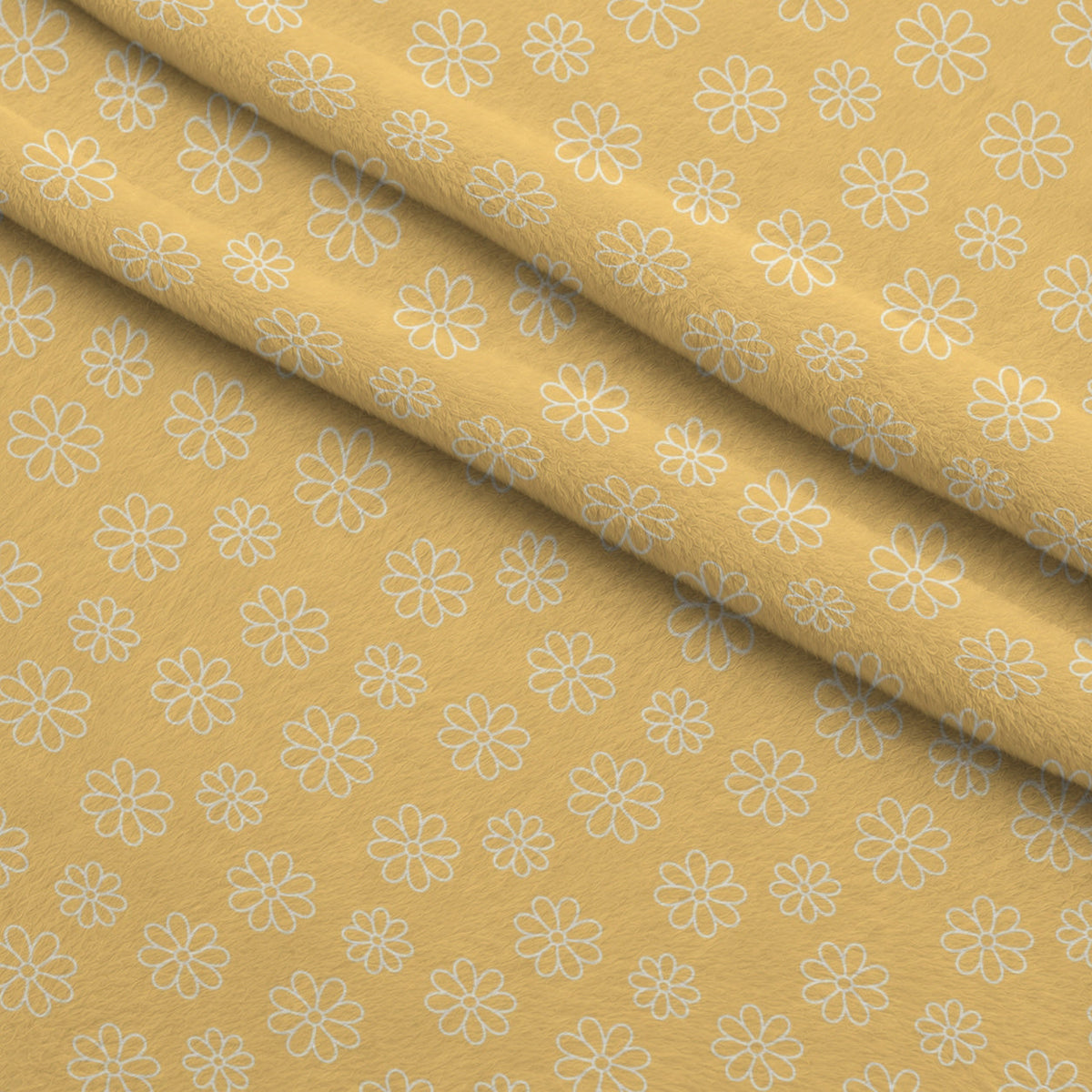 Periwinkle Dreams Daisies Outline on Yellow Fleece Fabric — fleece fabric folded close-up preview (mv-fleece-v1:lying)