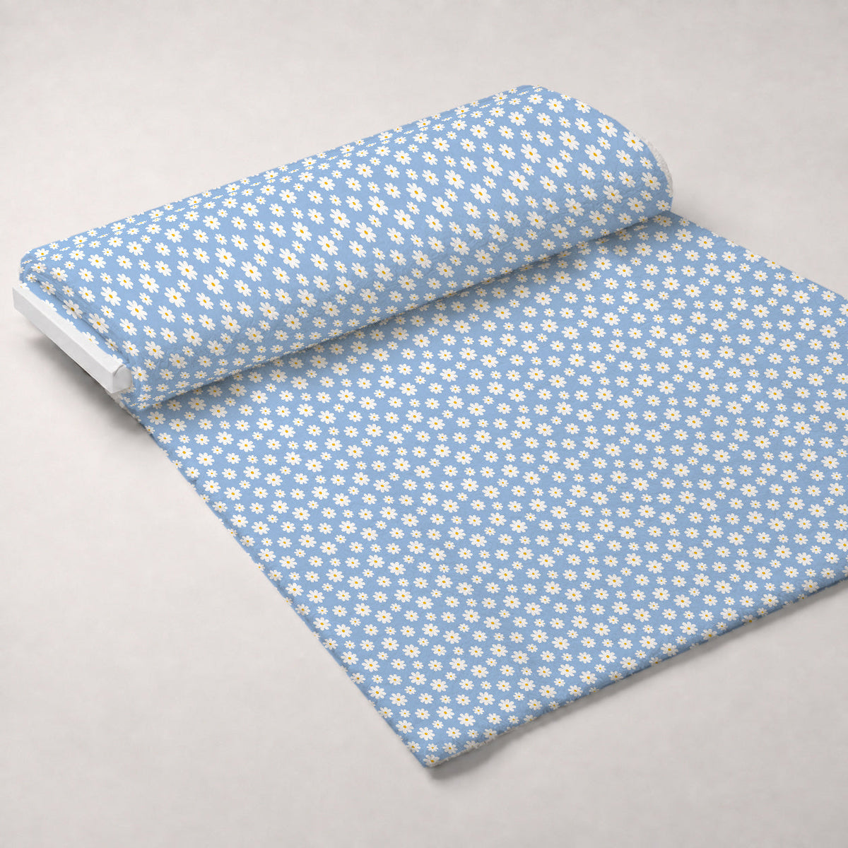 Periwinkle Dreams White Daisies on Periwinkle Fleece Fabric — fleece fabric unrolled bolt preview (mv-fleece-v1:bolt)