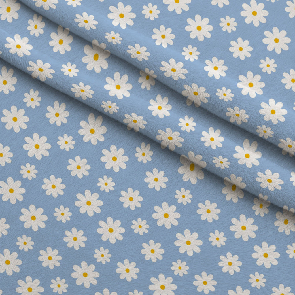 Periwinkle Dreams White Daisies on Periwinkle Fleece Fabric — fleece fabric folded close-up preview (mv-fleece-v1:lying)