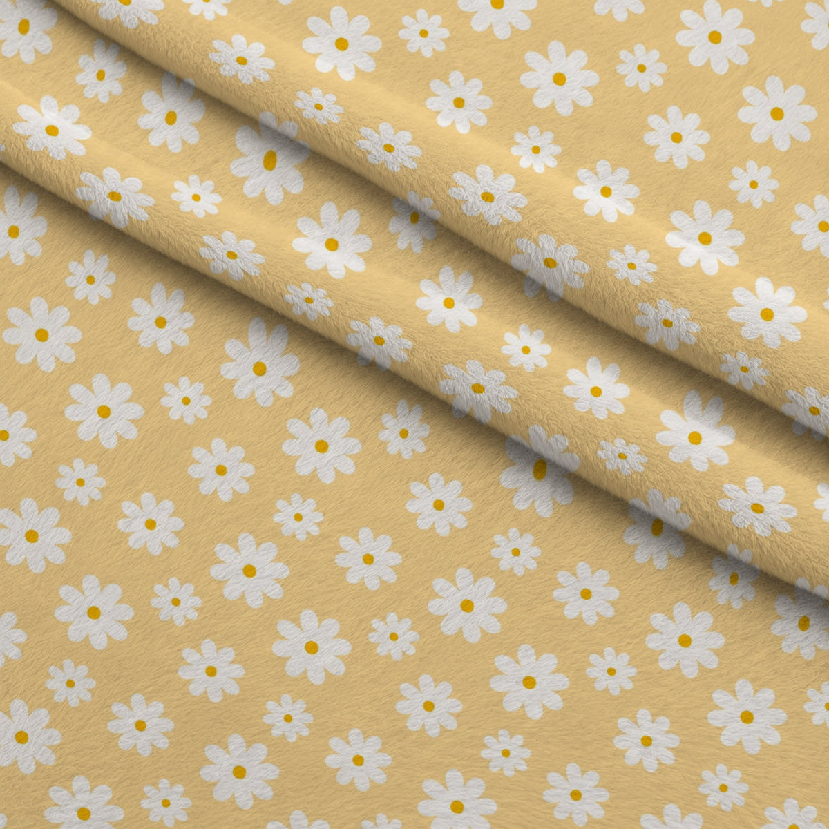 Periwinkle Dreams White Daisies on Yellow Fleece Fabric — fleece fabric folded close-up preview (mv-fleece-v1:lying)
