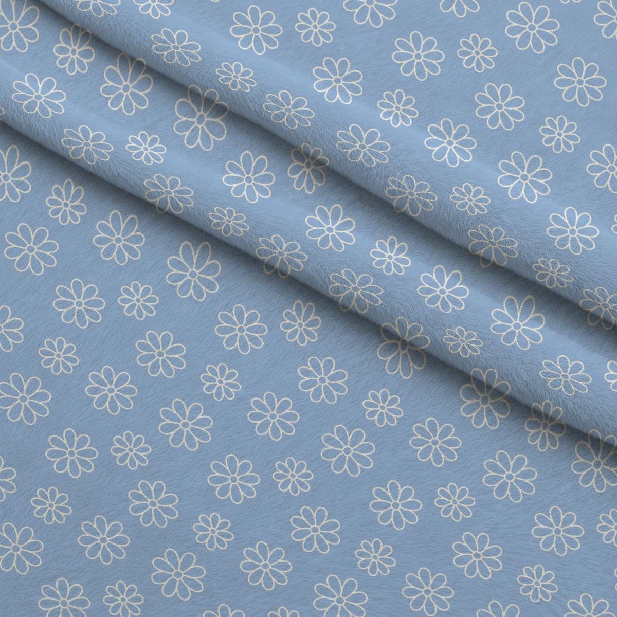 Periwinkle Dreams White Daisies Outline Fleece Fabric — fleece fabric folded close-up preview (mv-fleece-v1:lying)