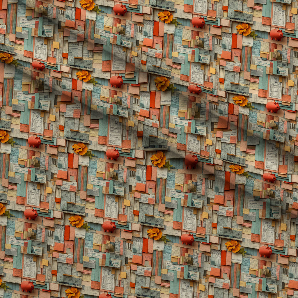 Piggy Bank Papers Pattern 5 Fleece Fabric — fleece fabric folded close-up preview (mv-fleece-v1:lying)