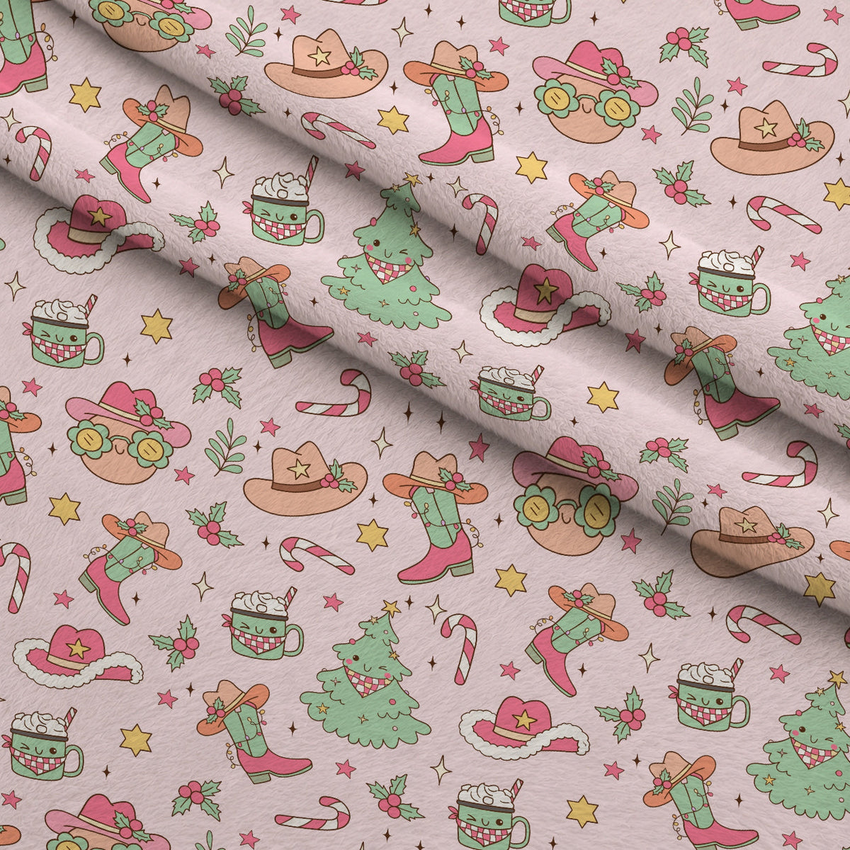 Pink Cowgirl Christmas Pattern Fleece Fabric — fleece fabric folded close-up preview (mv-fleece-v1:lying)
