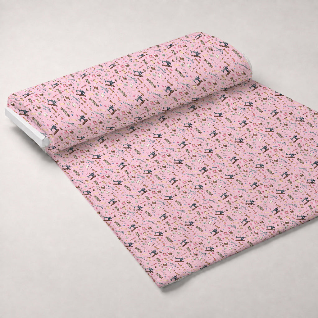 Pink Old Sewing Elements Fleece Fabric — fleece fabric unrolled bolt preview (mv-fleece-v1:bolt)