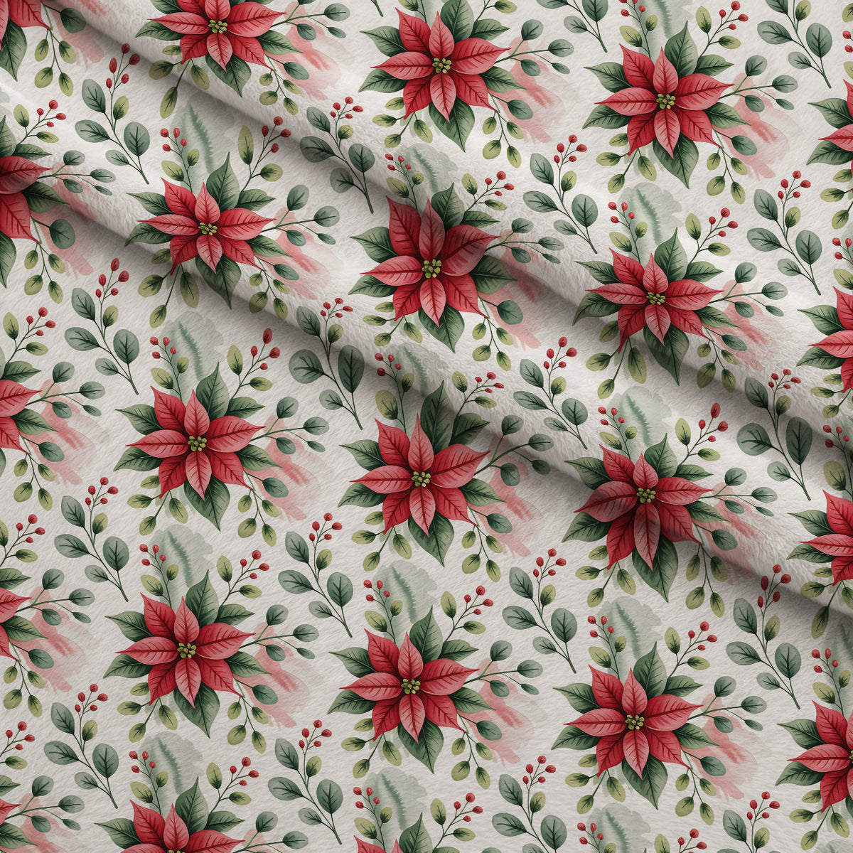 Poinsettia Pines Pattern 1 Fleece Fabric — fleece fabric folded close-up preview (mv-fleece-v1:lying)