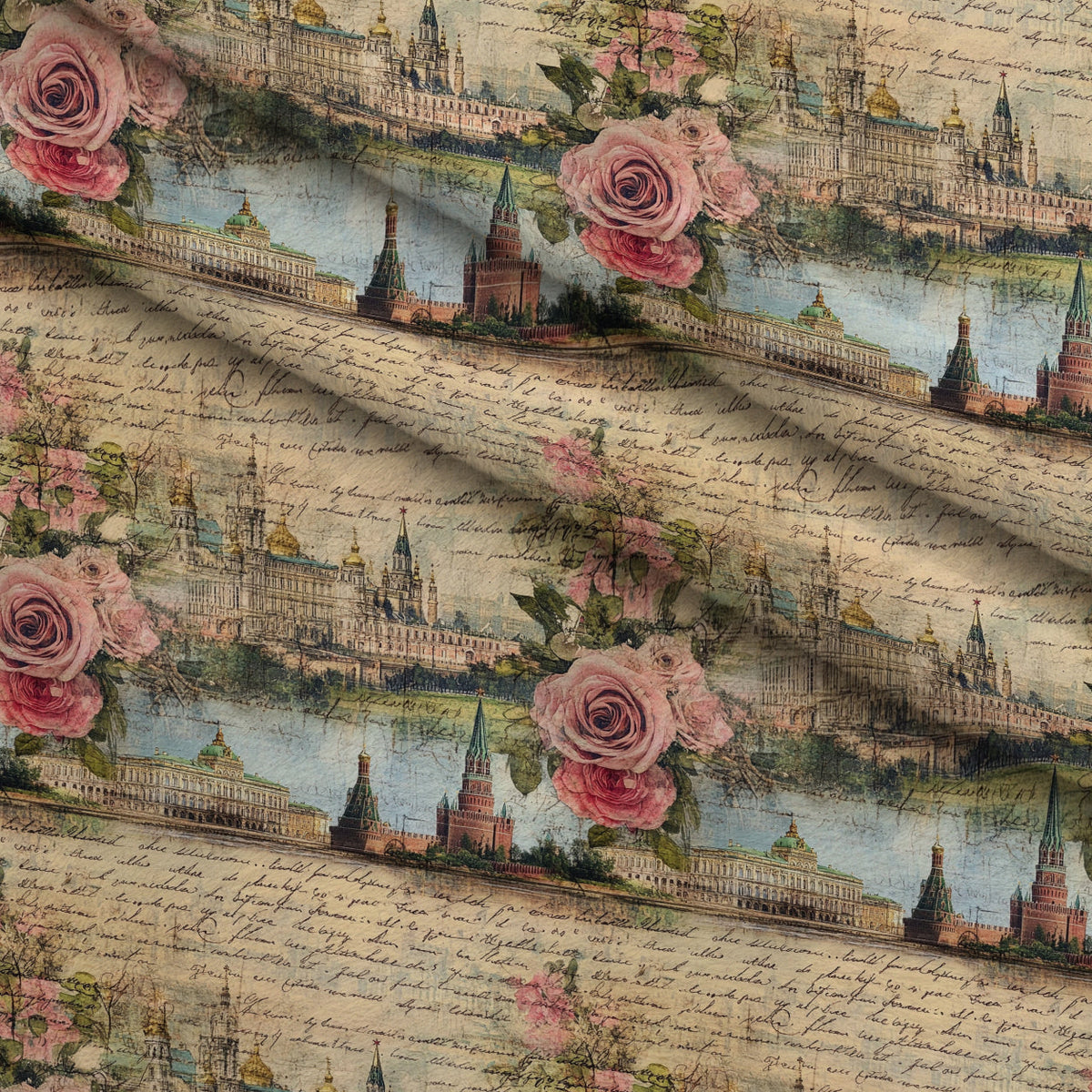 Postcard Roses Pattern 10 Fleece Fabric — fleece fabric folded close-up preview (mv-fleece-v1:lying)