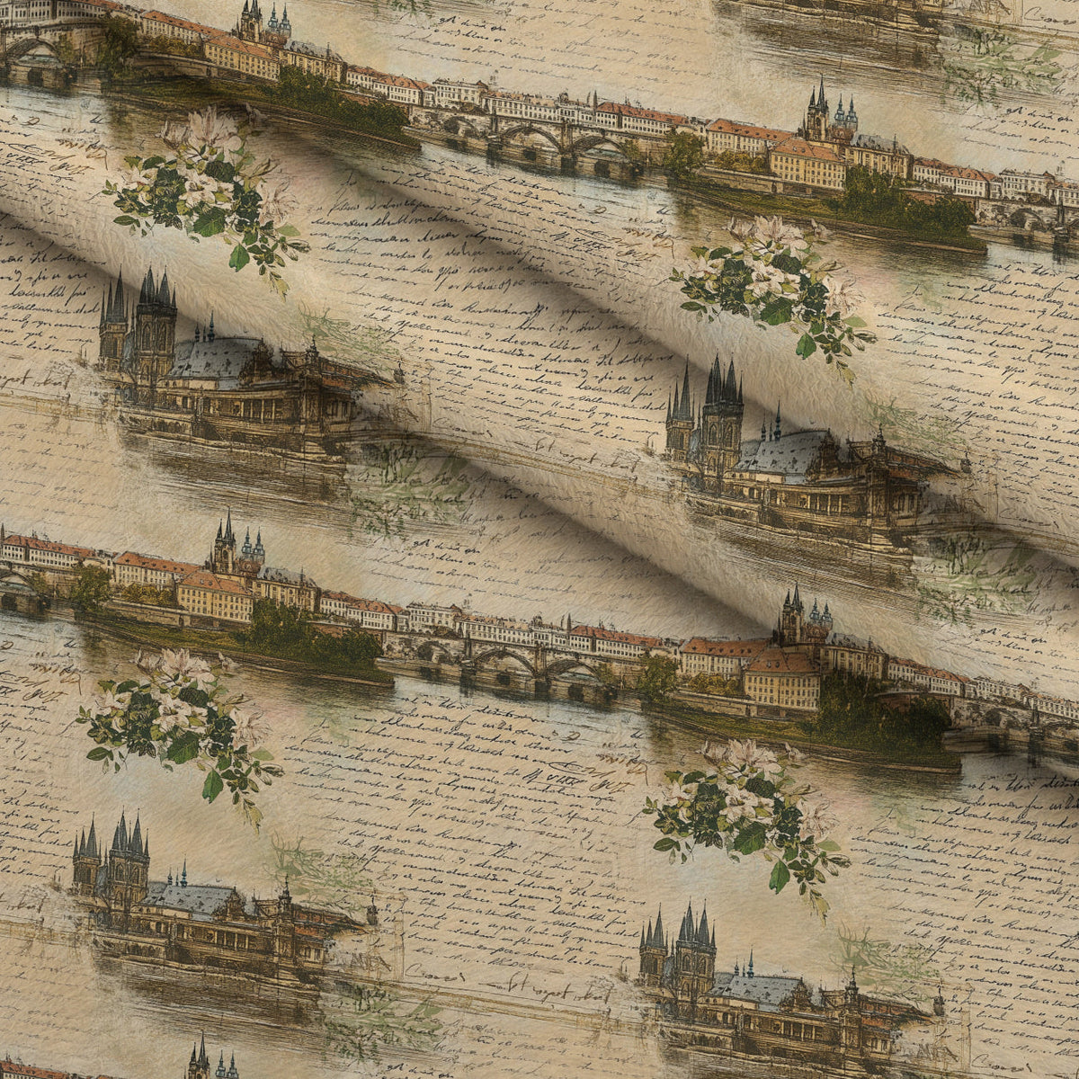 Postcard Roses Pattern 2 Fleece Fabric — fleece fabric folded close-up preview (mv-fleece-v1:lying)