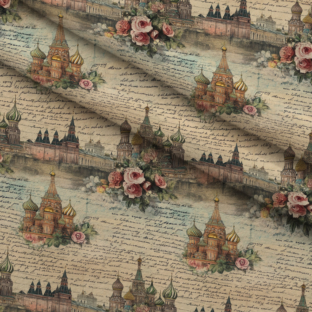 Postcard Roses Pattern 3 Fleece Fabric — fleece fabric folded close-up preview (mv-fleece-v1:lying)