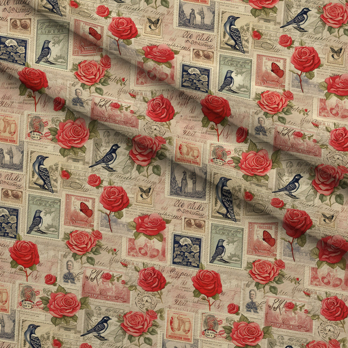 Postmarked Roses Pattern 1 Fleece Fabric — fleece fabric folded close-up preview (mv-fleece-v1:lying)