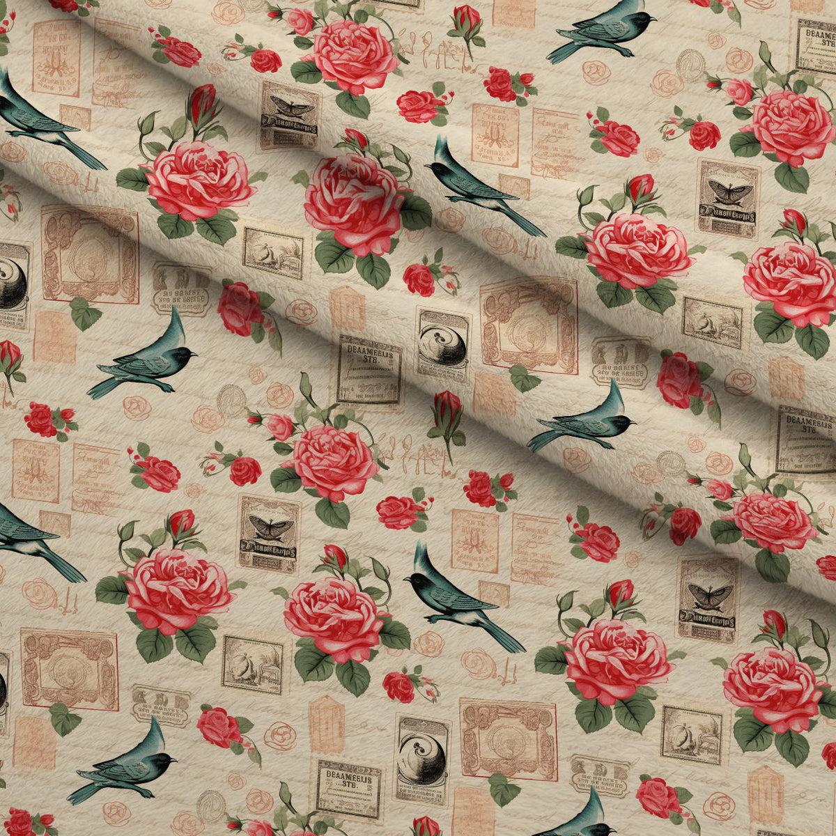 Postmarked Roses Pattern 10 Fleece Fabric — fleece fabric folded close-up preview (mv-fleece-v1:lying)