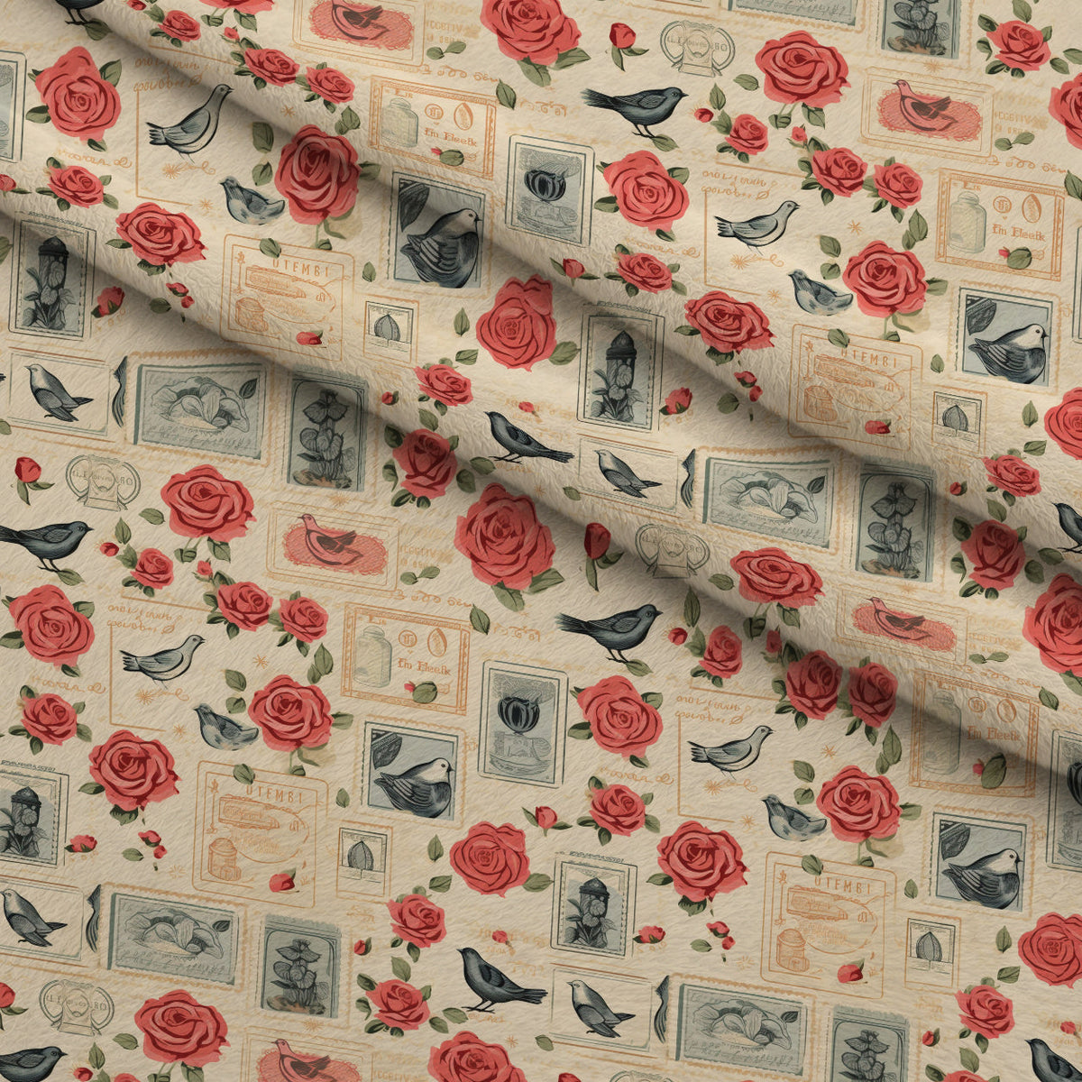 Postmarked Roses Pattern 15 Fleece Fabric — fleece fabric folded close-up preview (mv-fleece-v1:lying)