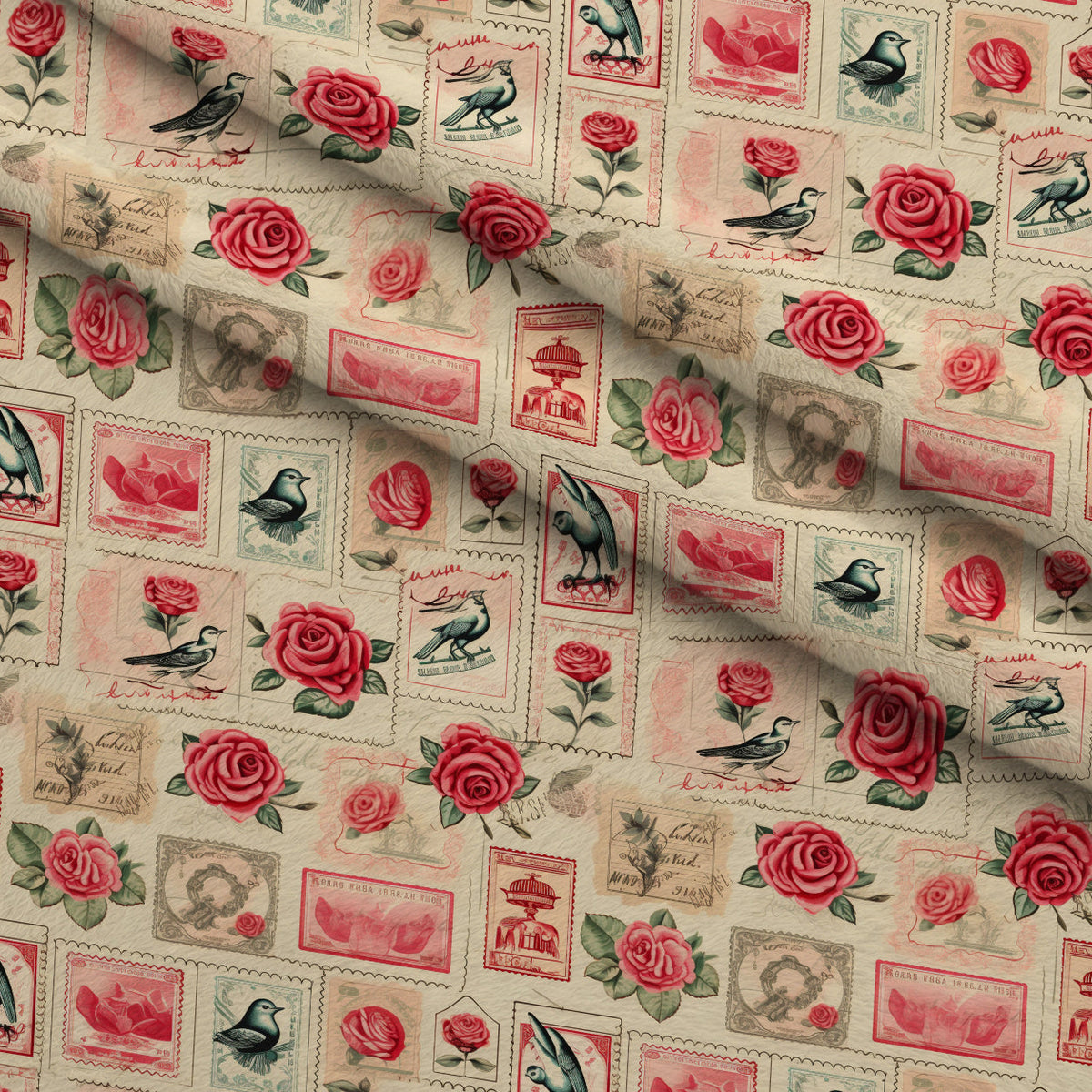Postmarked Roses Pattern 2 Fleece Fabric — fleece fabric folded close-up preview (mv-fleece-v1:lying)