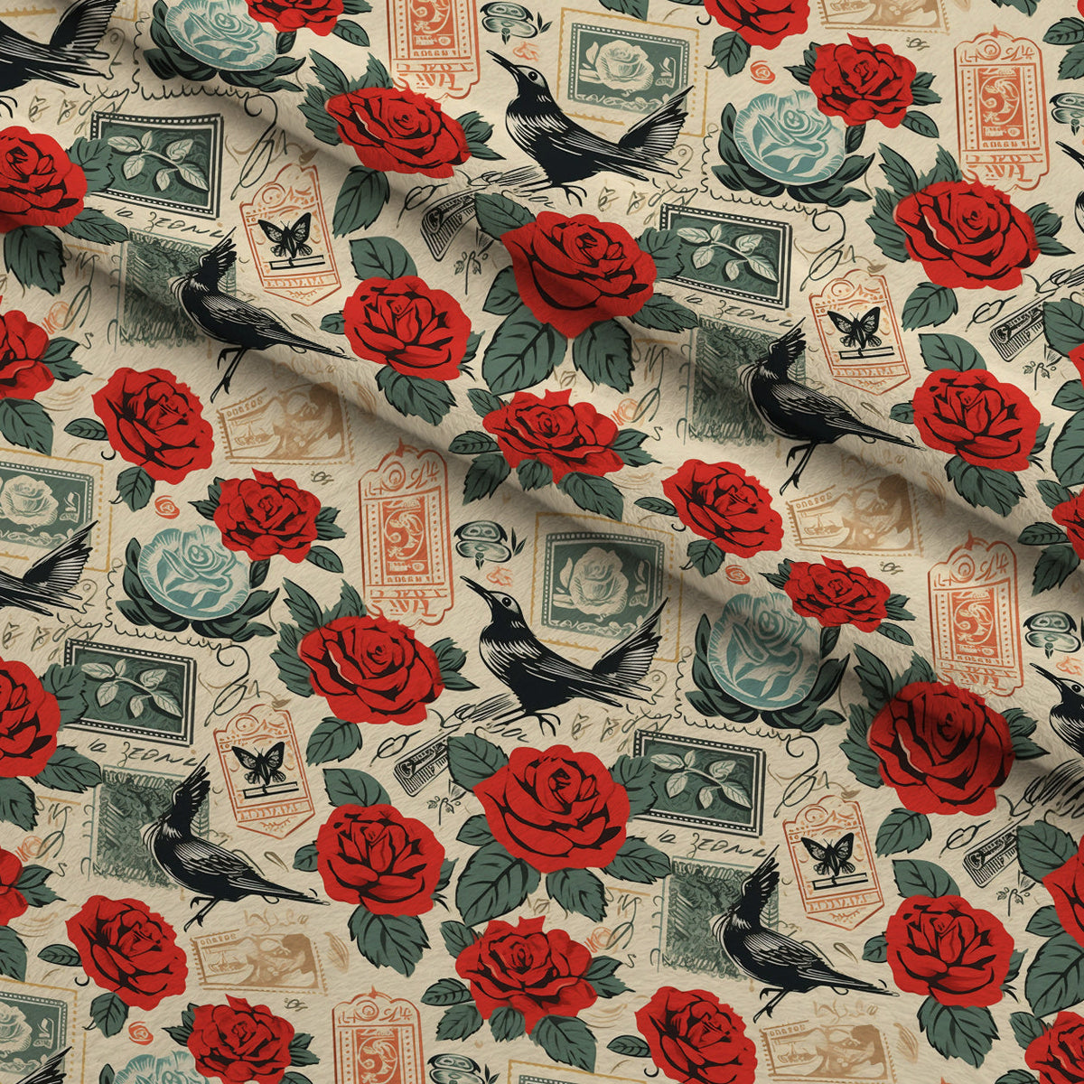 Postmarked Roses Pattern 5 Fleece Fabric — fleece fabric folded close-up preview (mv-fleece-v1:lying)