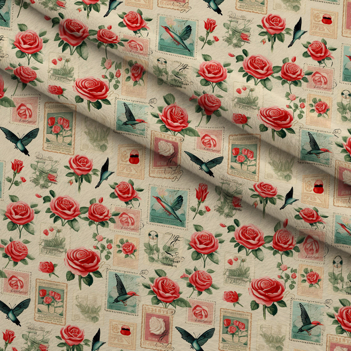 Postmarked Roses Pattern 6 Fleece Fabric — fleece fabric folded close-up preview (mv-fleece-v1:lying)