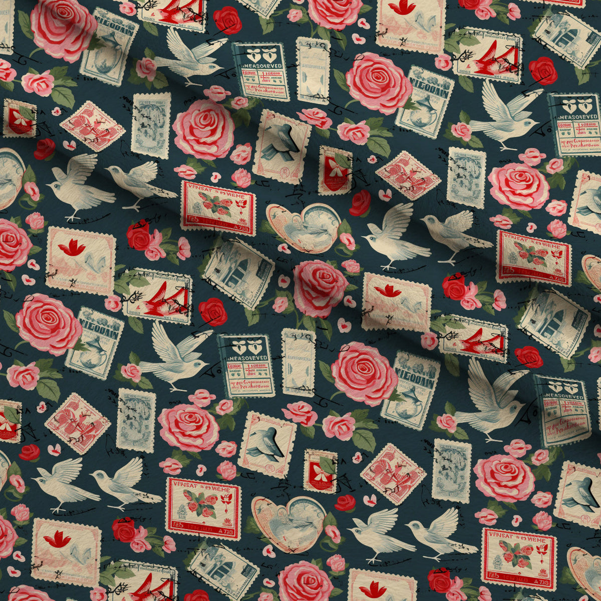 Postmarked Roses Pattern 8 Fleece Fabric — fleece fabric folded close-up preview (mv-fleece-v1:lying)