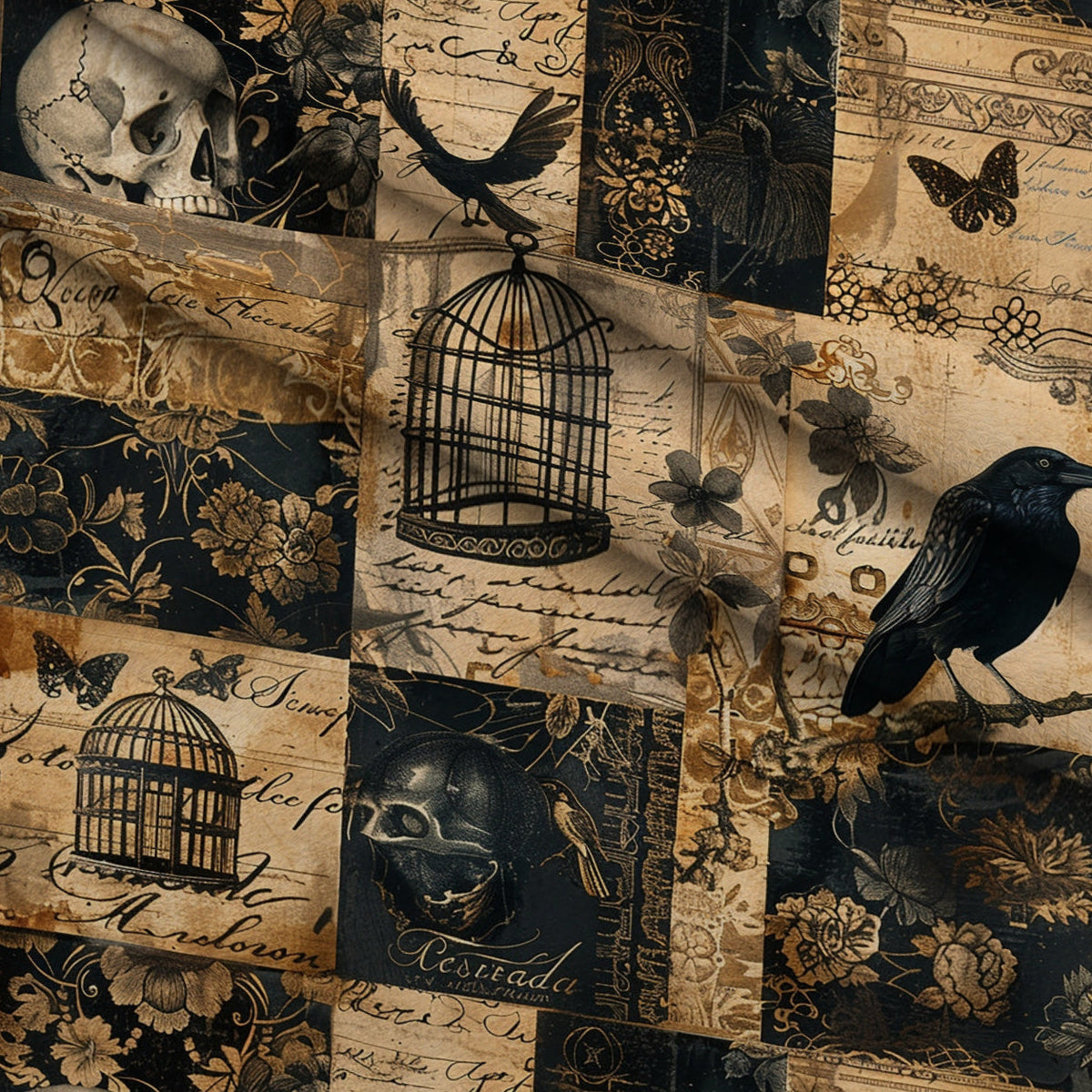 Raven's Curiosities Pattern 1 Fleece Fabric — fleece fabric folded close-up preview (mv-fleece-v1:lying)