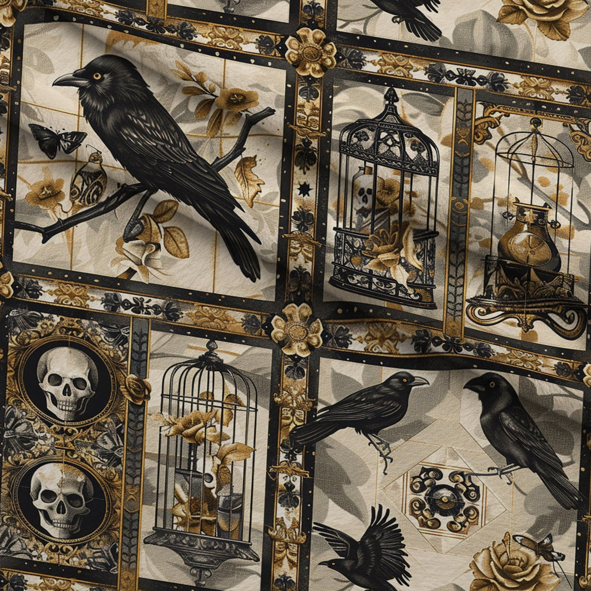 Raven's Curiosities Pattern 2 Fleece Fabric — fleece fabric folded close-up preview (mv-fleece-v1:lying)