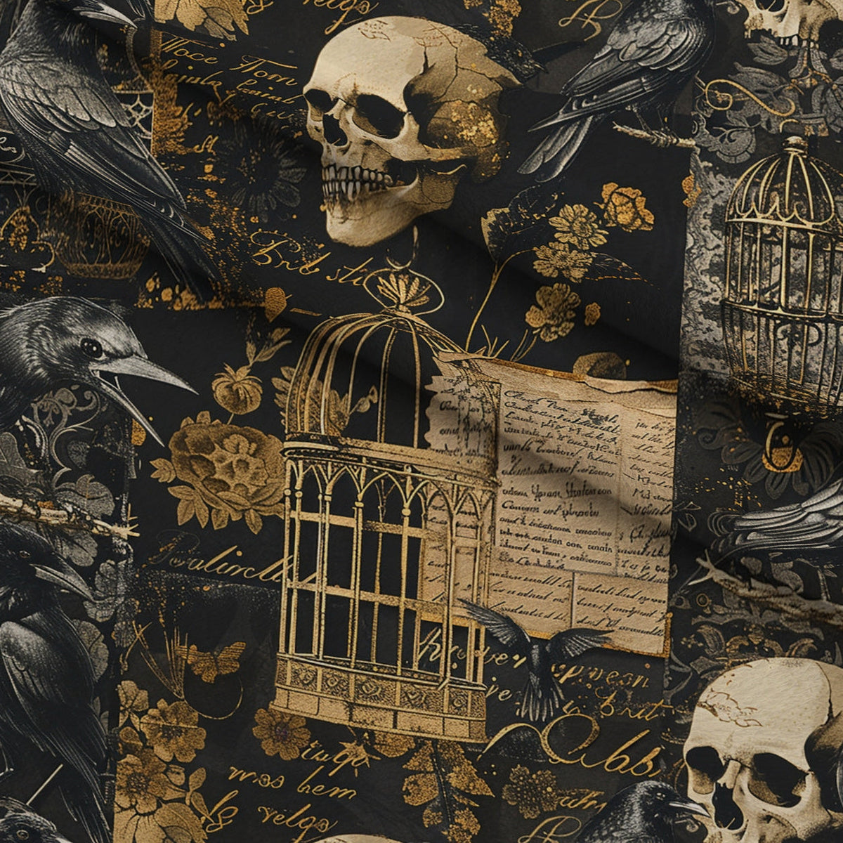Raven's Curiosities Pattern 3 Fleece Fabric — fleece fabric folded close-up preview (mv-fleece-v1:lying)