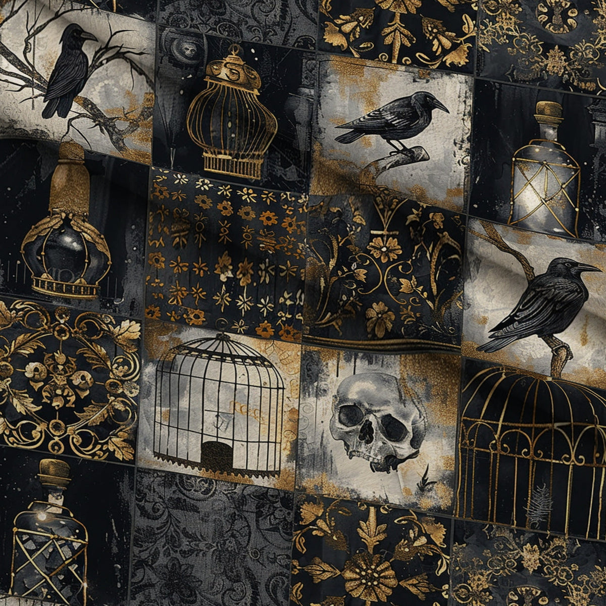 Raven's Curiosities Pattern 5 Fleece Fabric — fleece fabric folded close-up preview (mv-fleece-v1:lying)