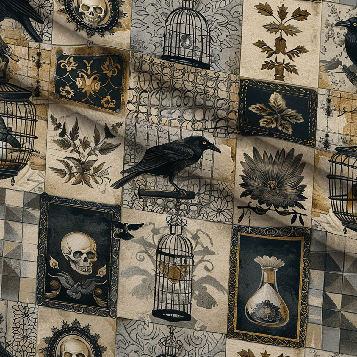 Raven's Curiosities Pattern 7 Fleece Fabric — fleece fabric folded close-up preview (mv-fleece-v1:lying)