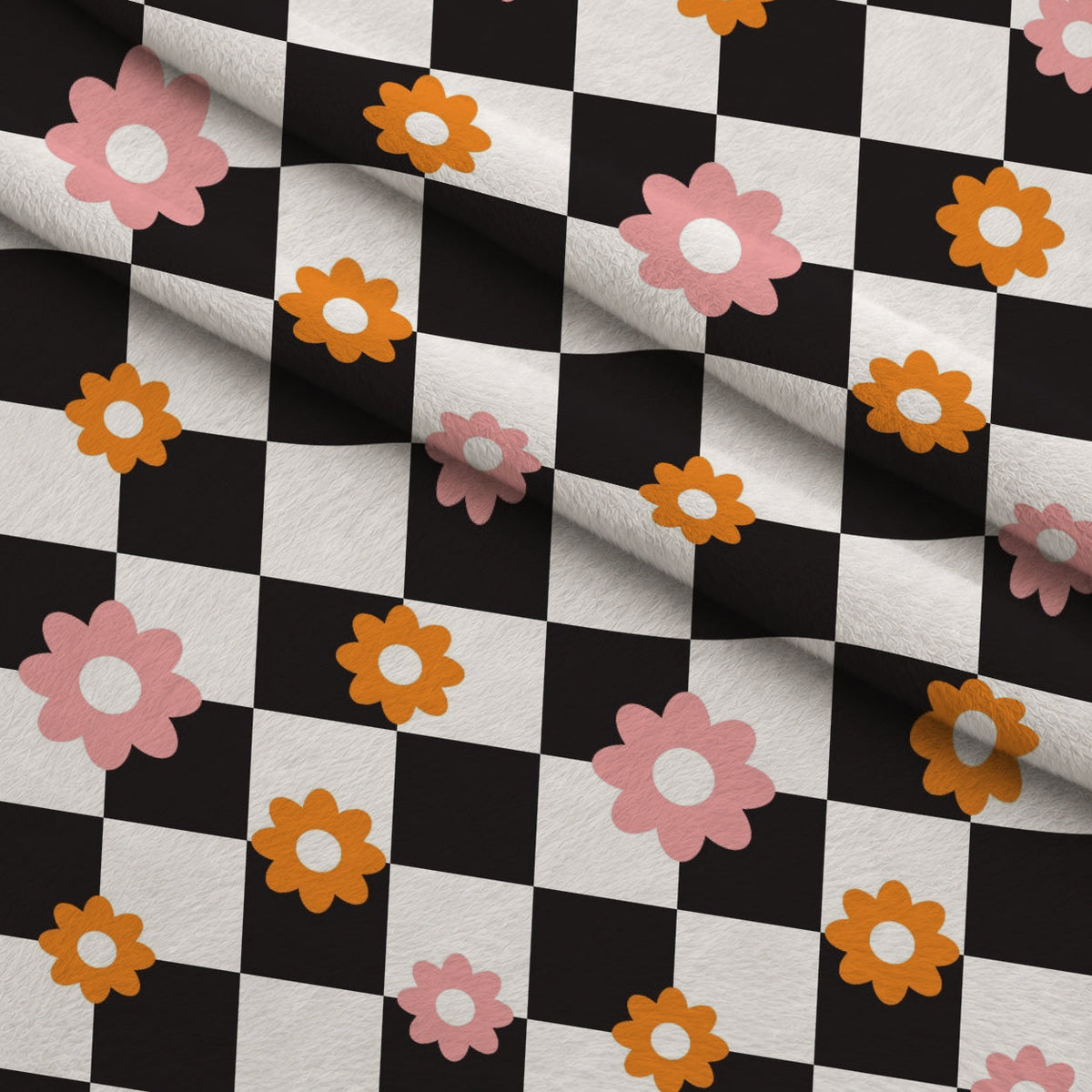 Retro Daisy Checkers Pattern 5 Fleece Fabric — fleece fabric folded close-up preview (mv-fleece-v1:lying)