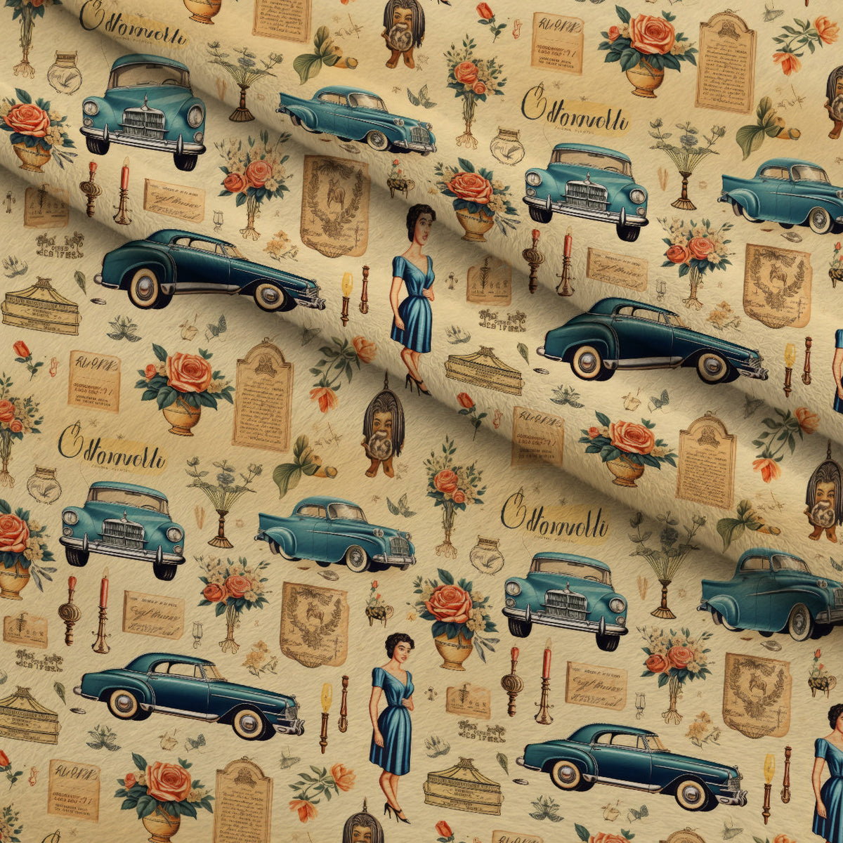 Retro Keepsakes Pattern 26 Fleece Fabric — fleece fabric folded close-up preview (mv-fleece-v1:lying)