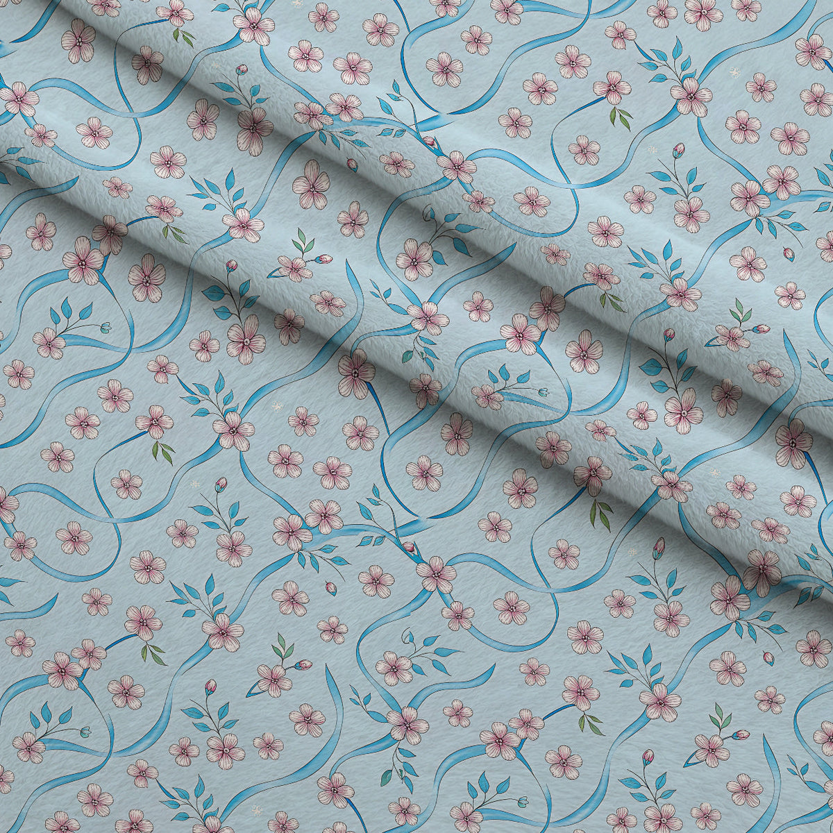 Ribbon Orchard Pattern 15 Fleece Fabric — fleece fabric folded close-up preview (mv-fleece-v1:lying)