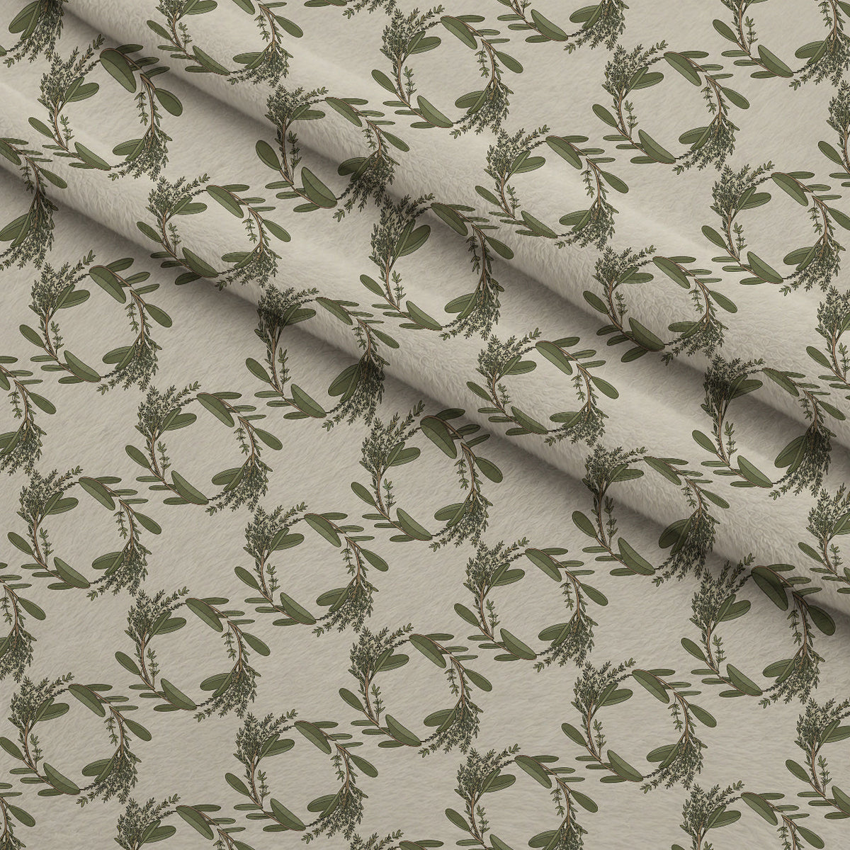 Rosemary Wreaths Pattern 19 Fleece Fabric — fleece fabric folded close-up preview (mv-fleece-v1:lying)