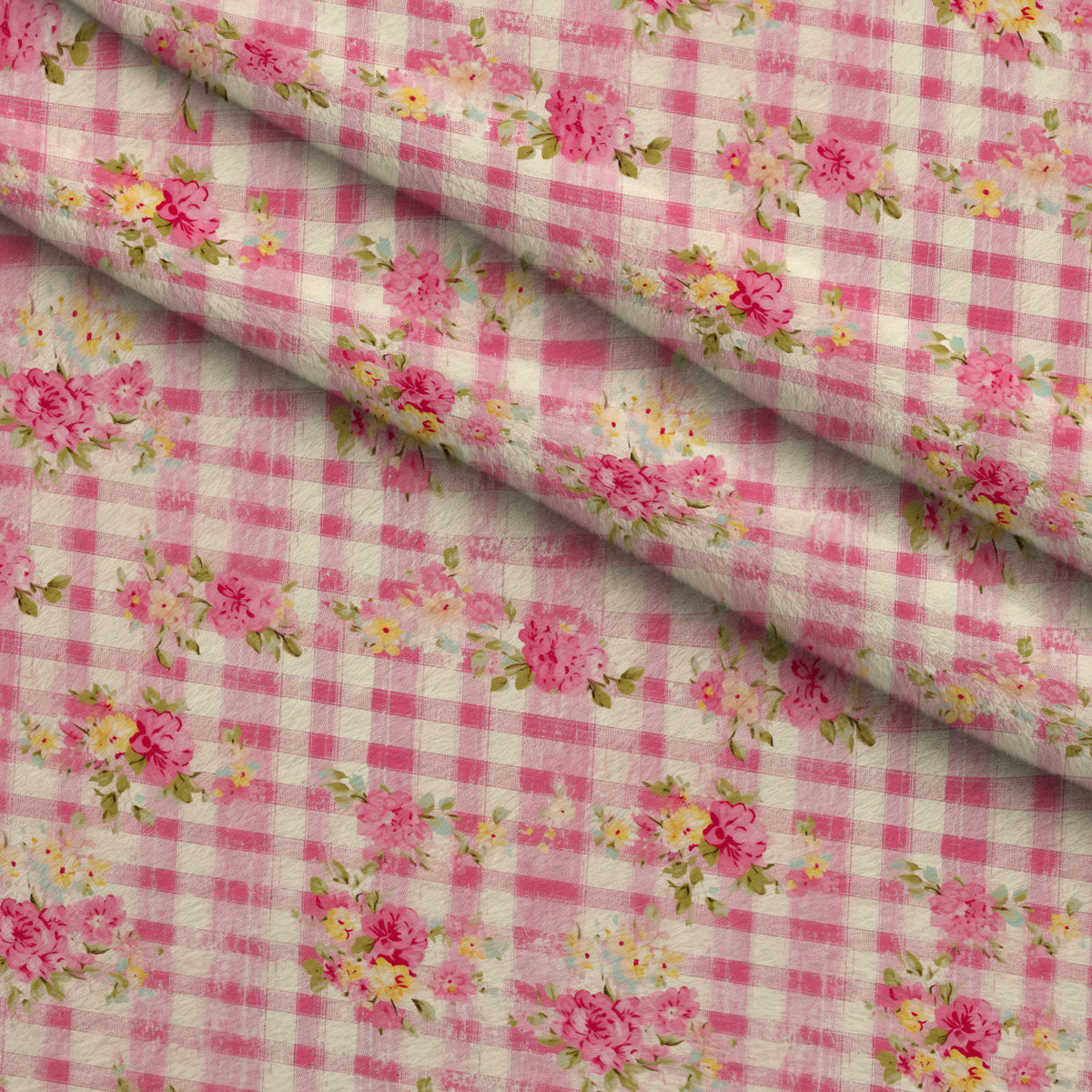 Rosy Gingham Pattern 14 Fleece Fabric — fleece fabric folded close-up preview (mv-fleece-v1:lying)