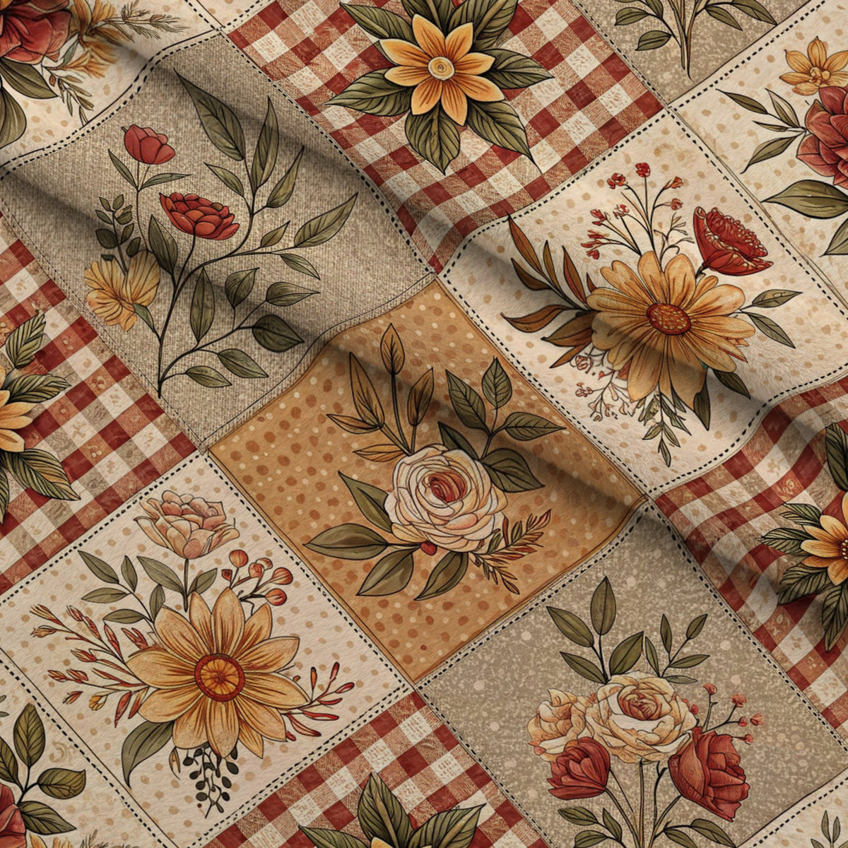 Rustic Patchwork Quilt Pattern 9 Fleece Fabric — fleece fabric folded close-up preview (mv-fleece-v1:lying)