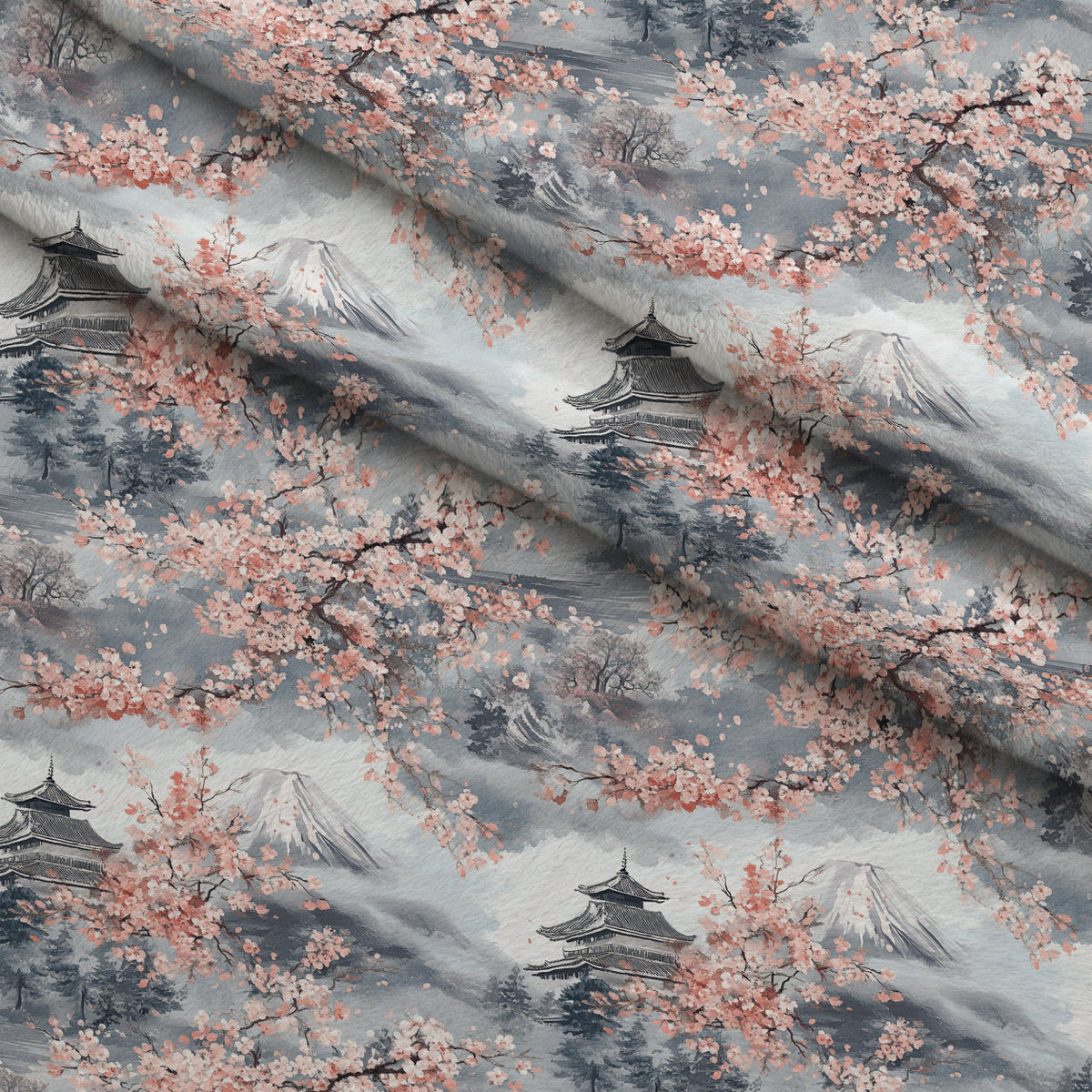 Sakura Summit Pattern 3 Fleece Fabric — fleece fabric folded close-up preview (mv-fleece-v1:lying)