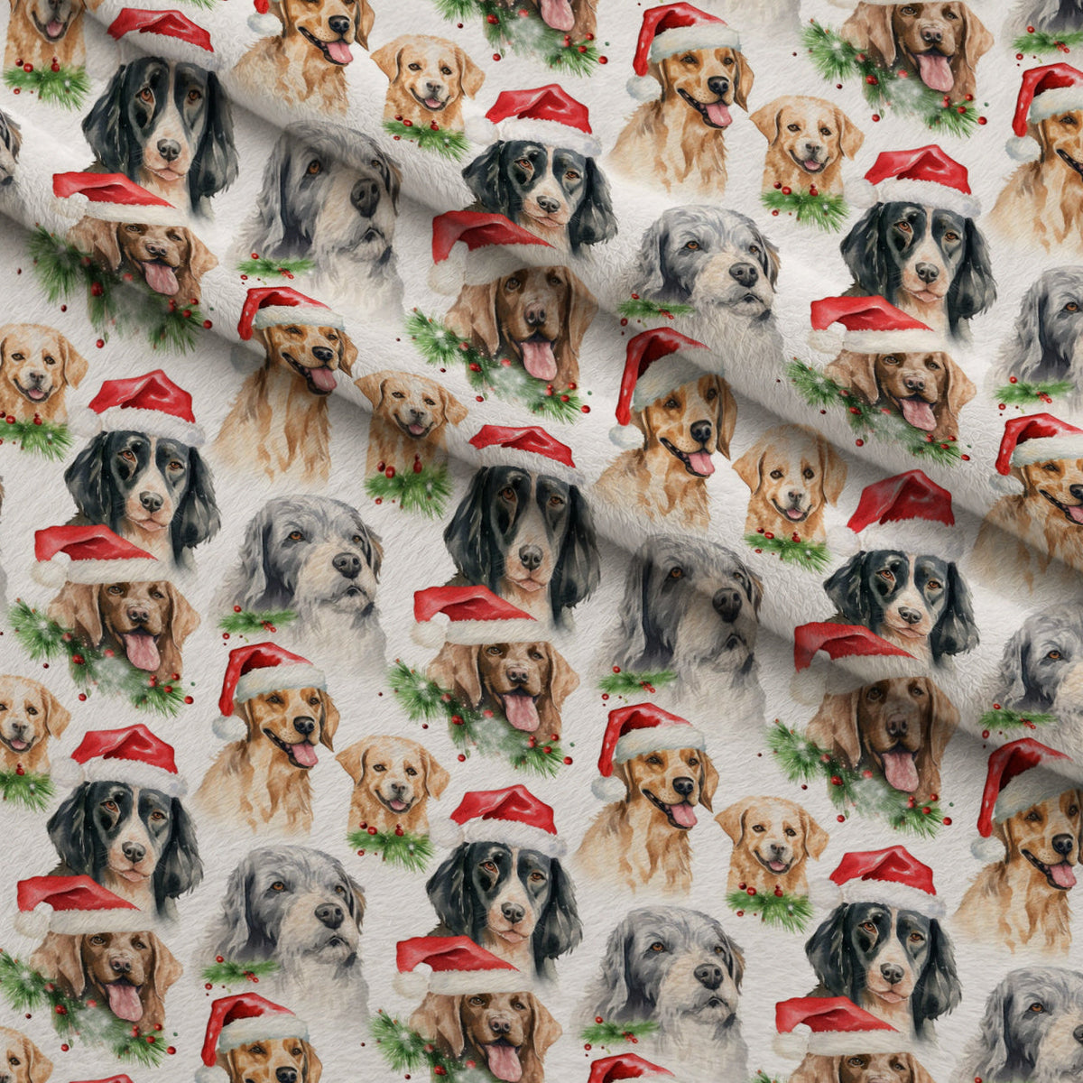 Santa Hat Hounds Pattern 1 Fleece Fabric — fleece fabric folded close-up preview (mv-fleece-v1:lying)
