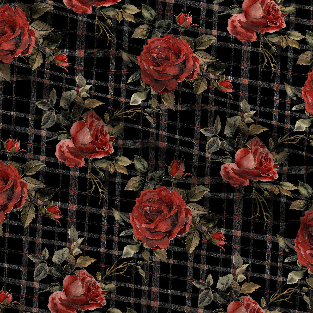 Scarlet Tartan Blooms Pattern 1 Fleece Fabric — fleece fabric folded close-up preview (mv-fleece-v1:lying)