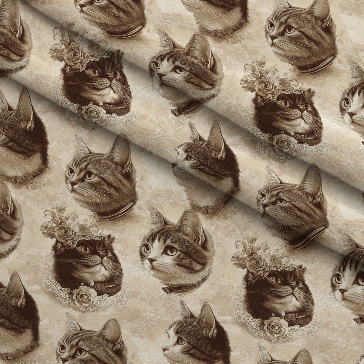 Sepia Kitten Toile Pattern 10 Fleece Fabric — fleece fabric folded close-up preview (mv-fleece-v1:lying)