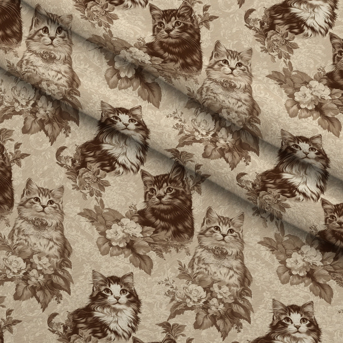 Sepia Kitten Toile Pattern 4 Fleece Fabric — fleece fabric folded close-up preview (mv-fleece-v1:lying)
