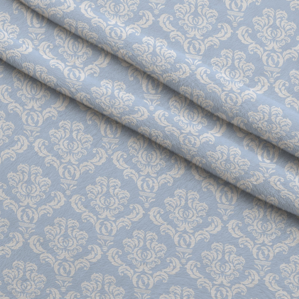 Simple Damask White on Blue Fleece Fabric — fleece fabric folded close-up preview (mv-fleece-v1:lying)