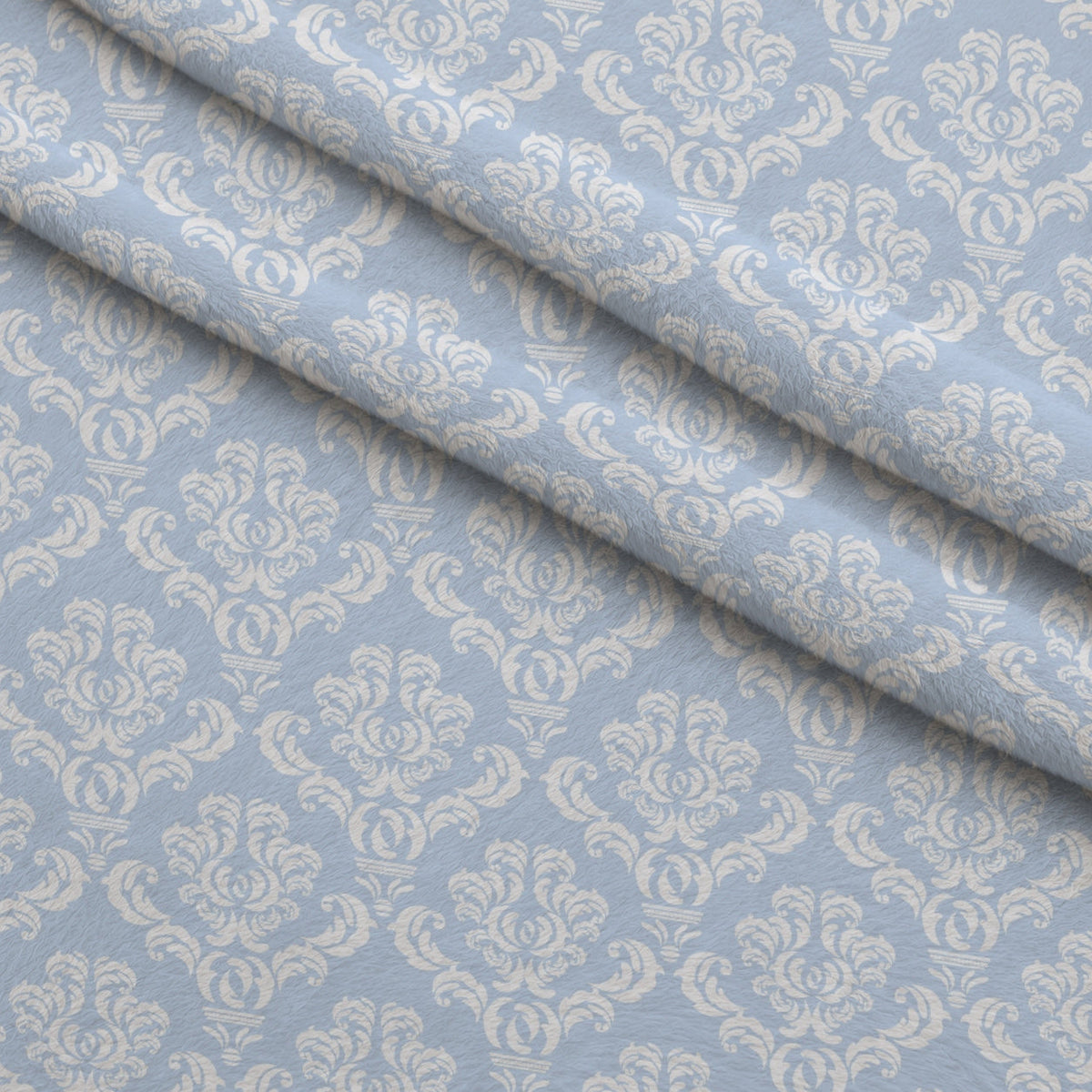 Simple Damask White on Blue Fleece Fabric — fleece fabric folded close-up preview (mv-fleece-v1:lying)