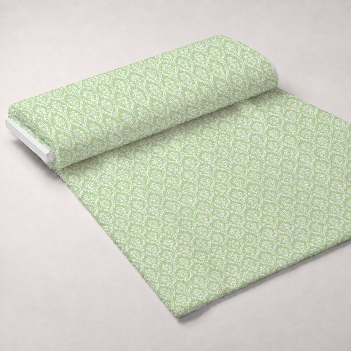 Simple Damask White on Green Fleece Fabric — fleece fabric unrolled bolt preview (mv-fleece-v1:bolt)