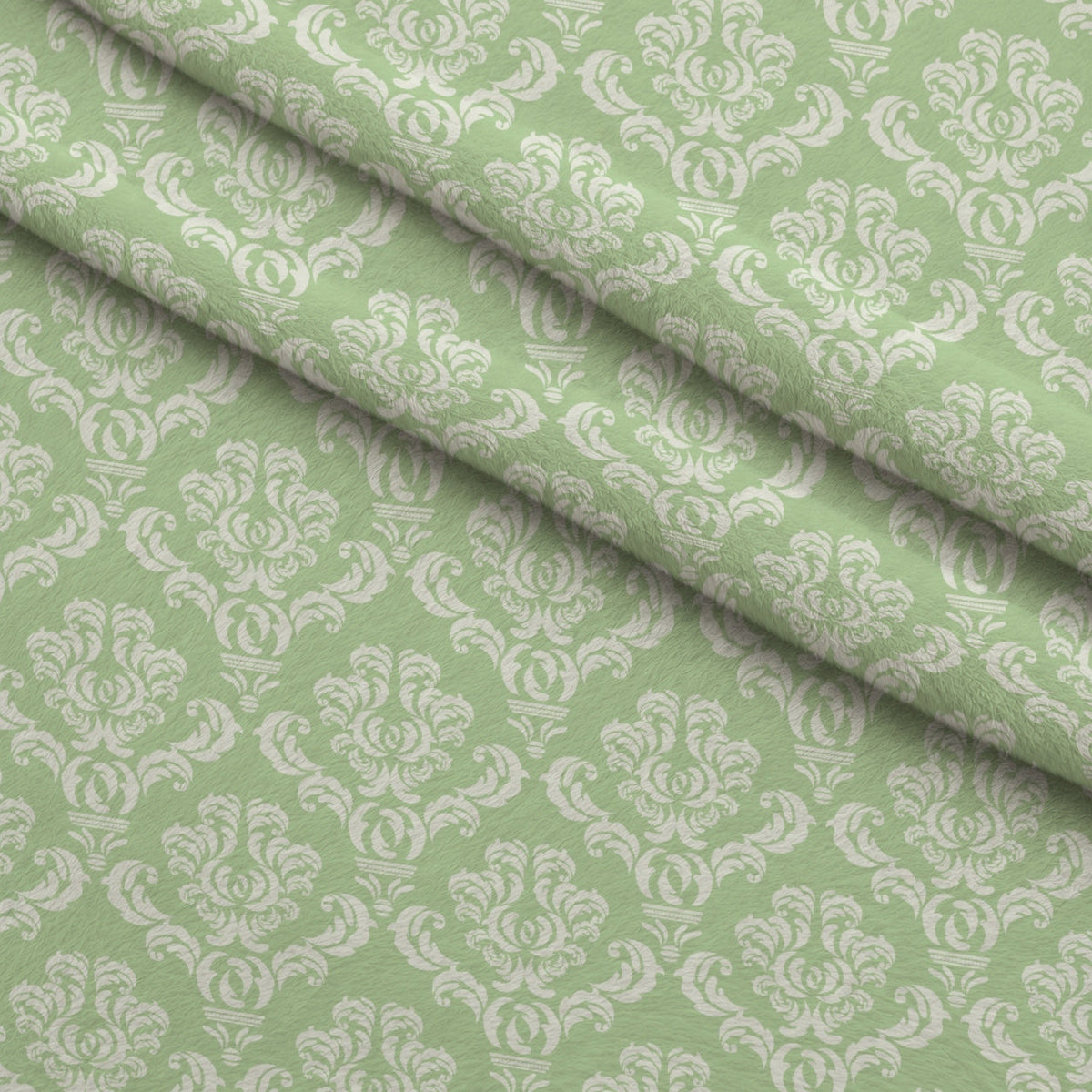 Simple Damask White on Green Fleece Fabric — fleece fabric folded close-up preview (mv-fleece-v1:lying)