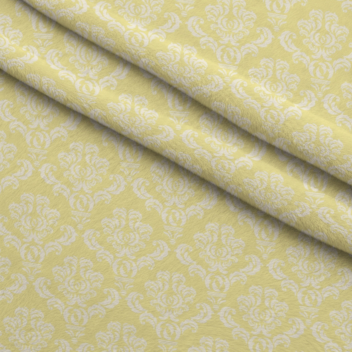 Simple Damask White on Yellow Fleece Fabric — fleece fabric folded close-up preview (mv-fleece-v1:lying)