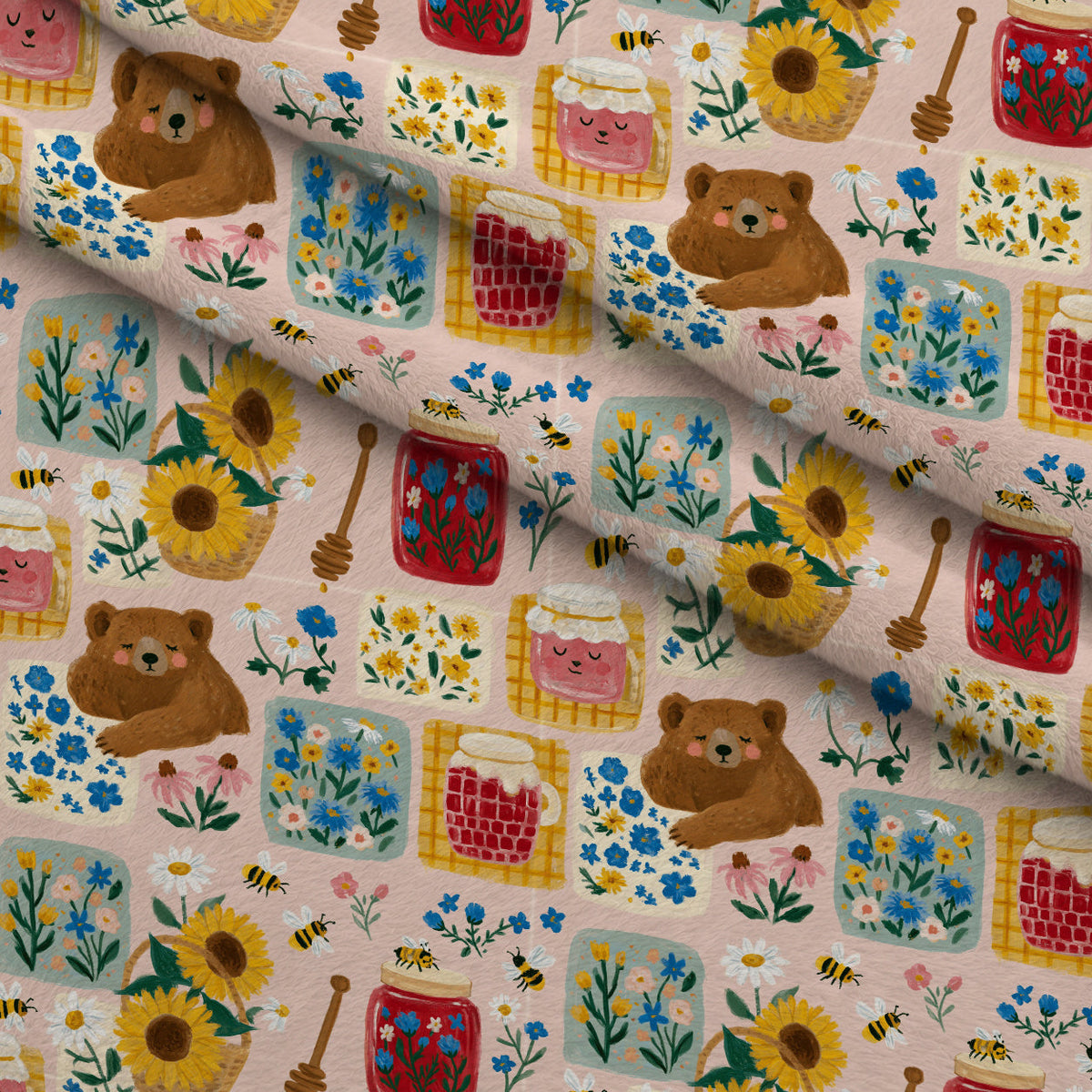 Sleepy Sunflower Patch Pattern 1 Fleece Fabric — fleece fabric folded close-up preview (mv-fleece-v1:lying)