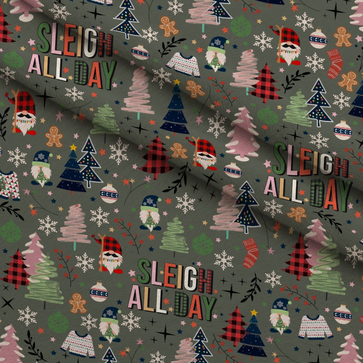 Sleigh All Day Earthy Green Fleece Fabric — fleece fabric folded close-up preview (mv-fleece-v1:lying)