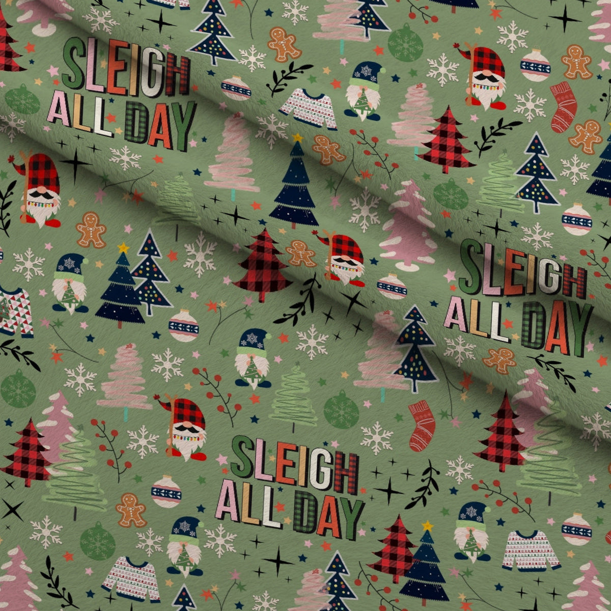 Sleigh All Day Green Fleece Fabric — fleece fabric folded close-up preview (mv-fleece-v1:lying)
