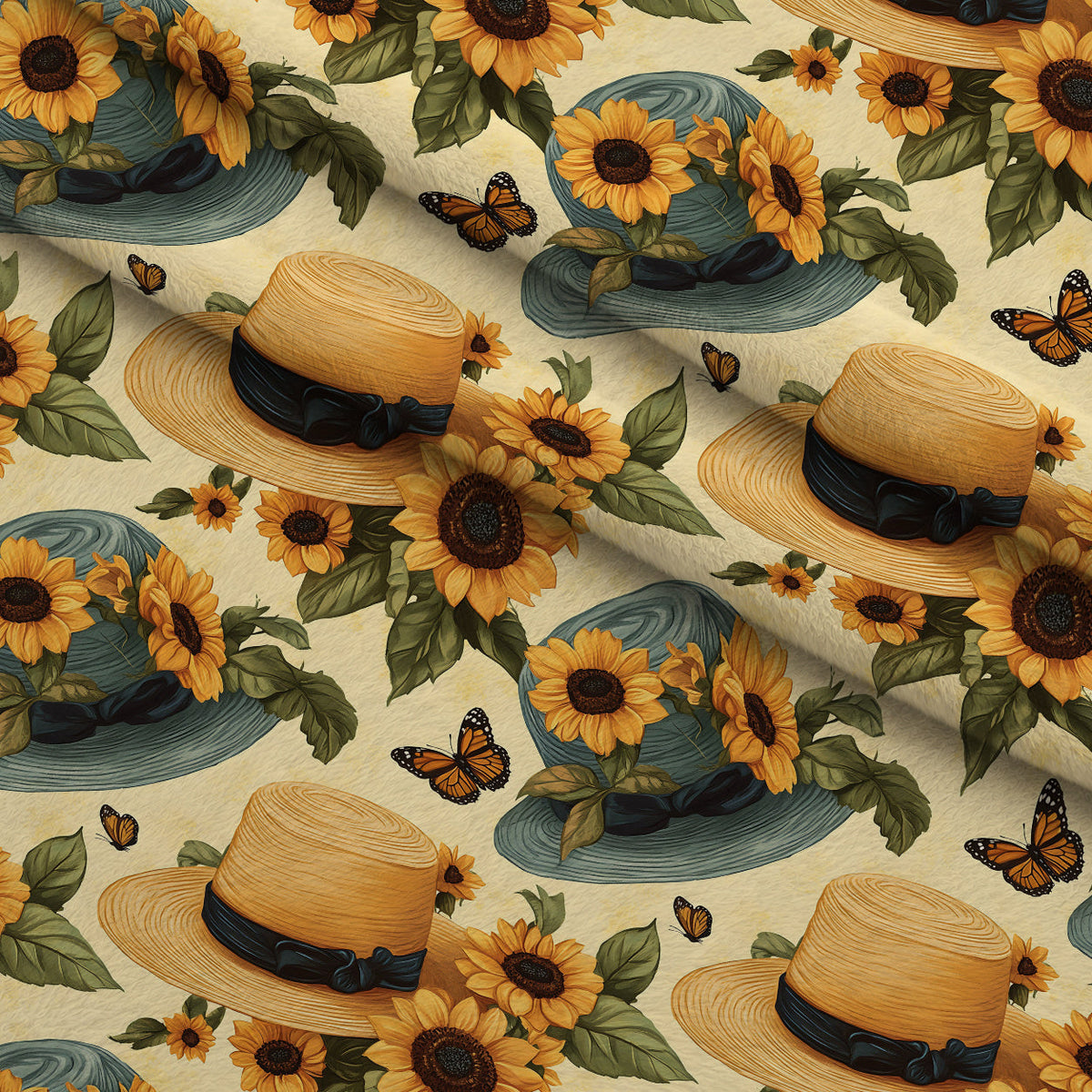 Sunflower Stroll Pattern 3 Fleece Fabric — fleece fabric folded close-up preview (mv-fleece-v1:lying)