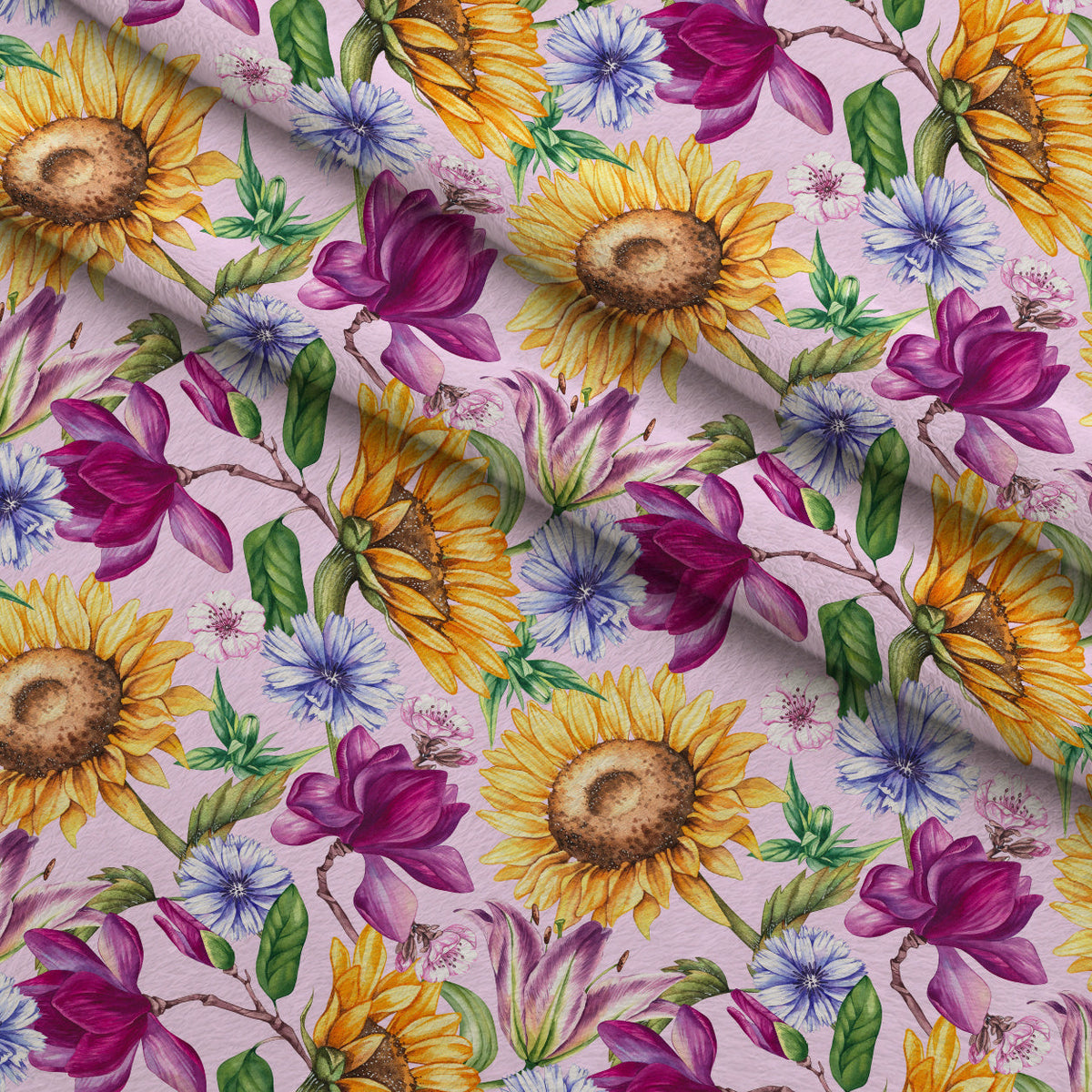 Sunlit Blooms Pattern 1 Fleece Fabric — fleece fabric folded close-up preview (mv-fleece-v1:lying)