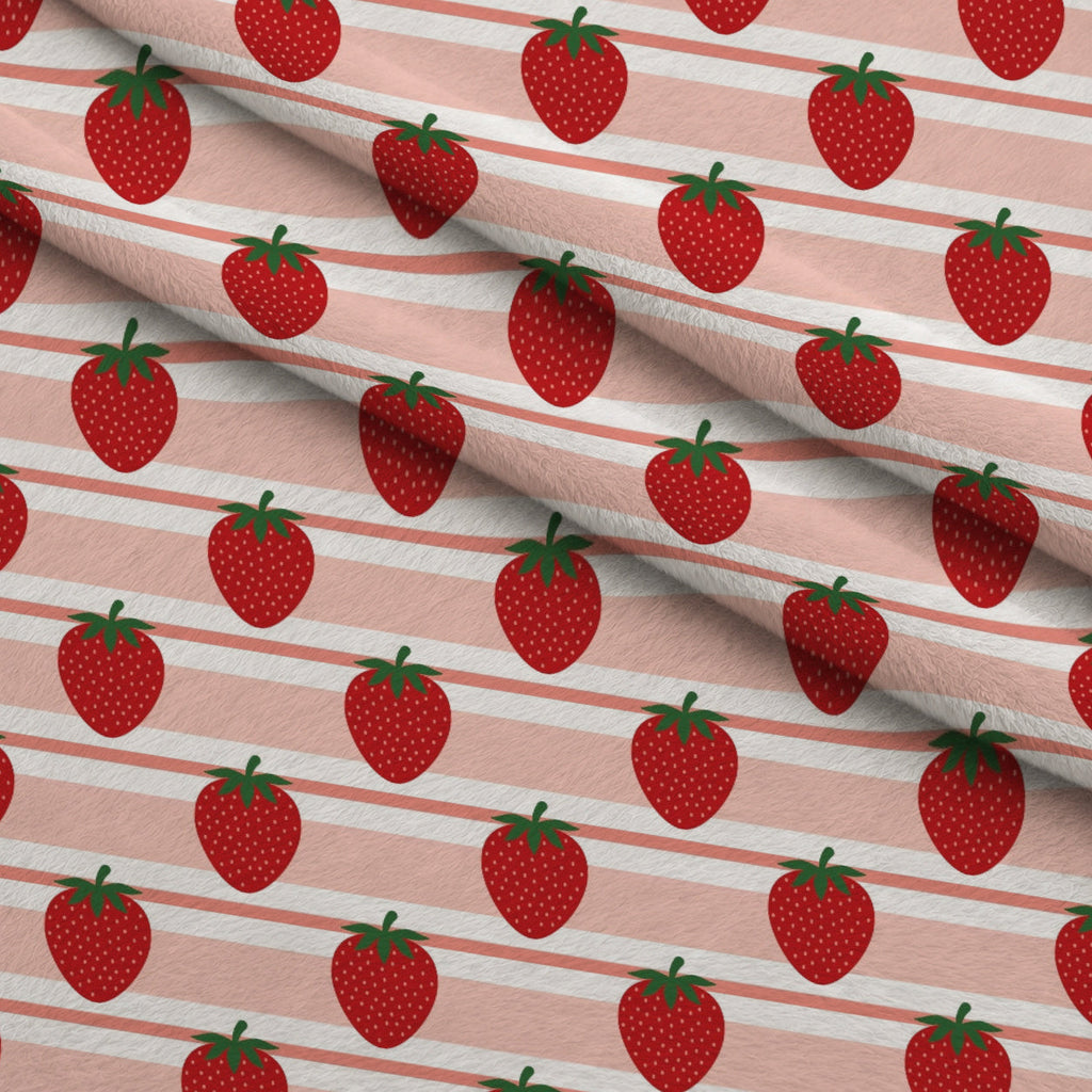 Sweet Strawberries Pink Horizontal Stripes Fleece Fabric — fleece fabric folded close-up preview (mv-fleece-v1:lying)